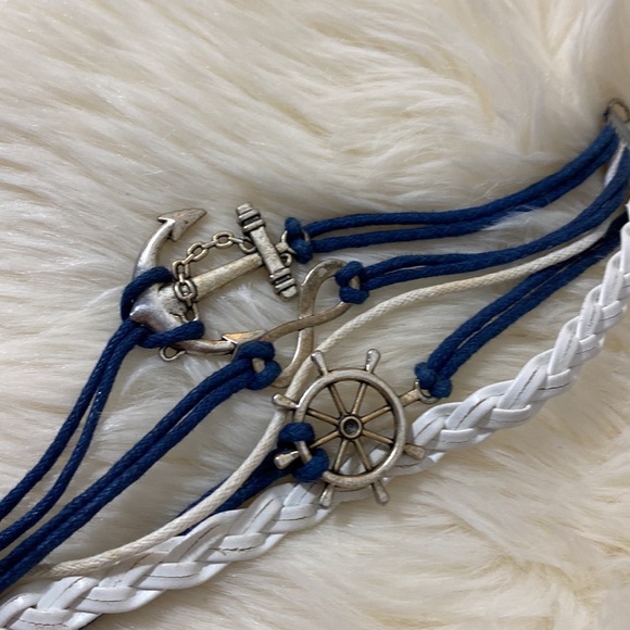 Vintage Silver Ship Rudder Anchor Infinity Bracelet Multilayer Braided Blue Whit - Picture 9 of 16